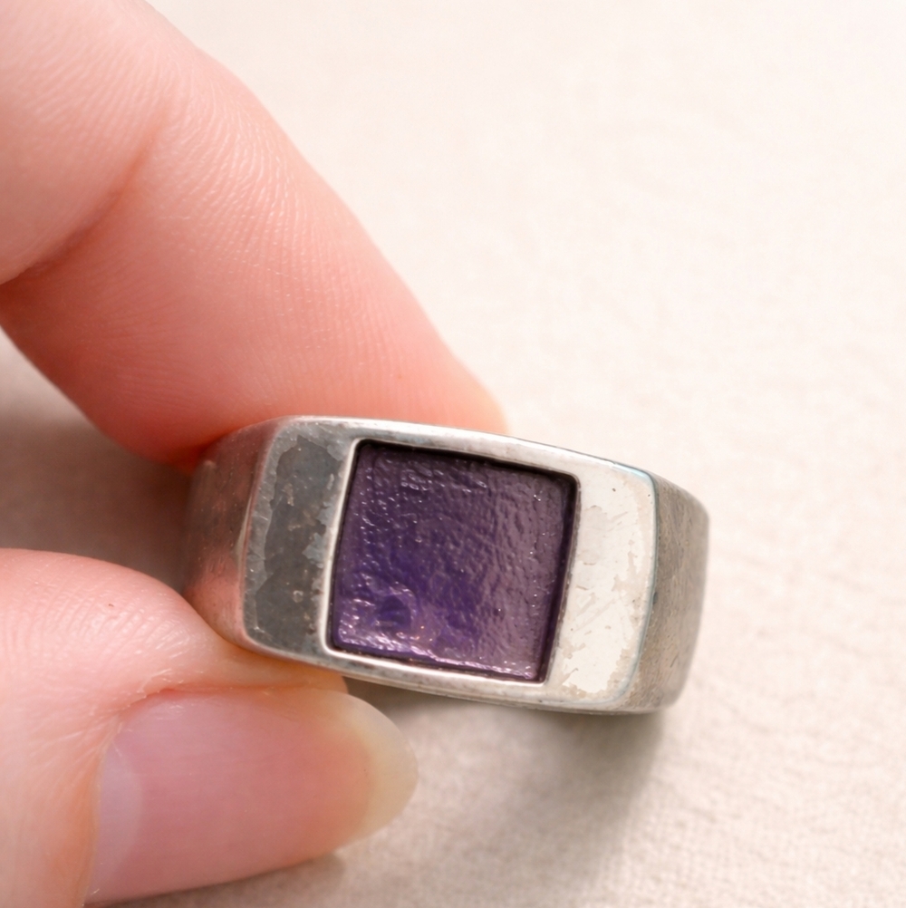 Silver Tone Purple Stone Ring Size 7.5 Chunky Statement Band Unisex